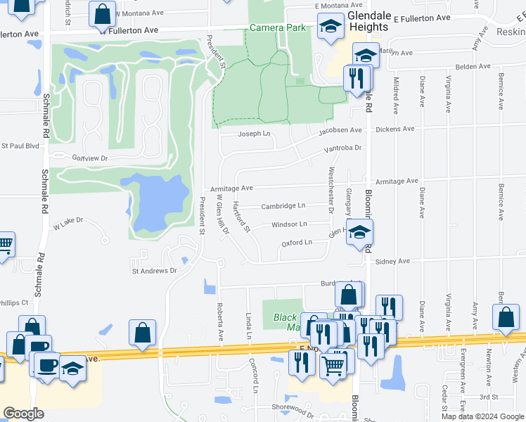 map of restaurants, bars, coffee shops, grocery stores, and more near 67 Cambridge Lane in Glendale Heights