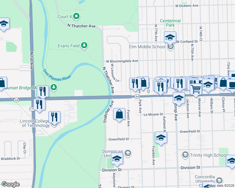 map of restaurants, bars, coffee shops, grocery stores, and more near in River Forest