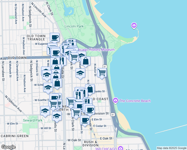 map of restaurants, bars, coffee shops, grocery stores, and more near 1436 North Astor Street in Chicago