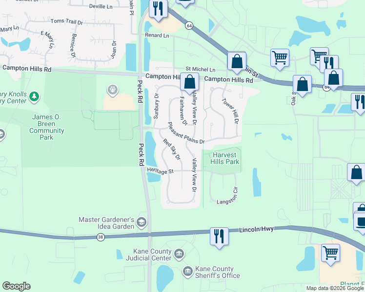 map of restaurants, bars, coffee shops, grocery stores, and more near 407 Valley View Drive in Saint Charles