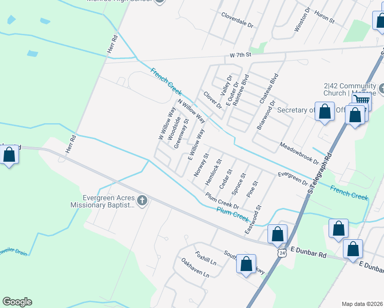 map of restaurants, bars, coffee shops, grocery stores, and more near 1500 Heathway Street in Monroe