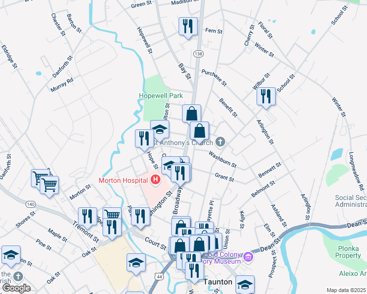 map of restaurants, bars, coffee shops, grocery stores, and more near 123 Broadway in Taunton
