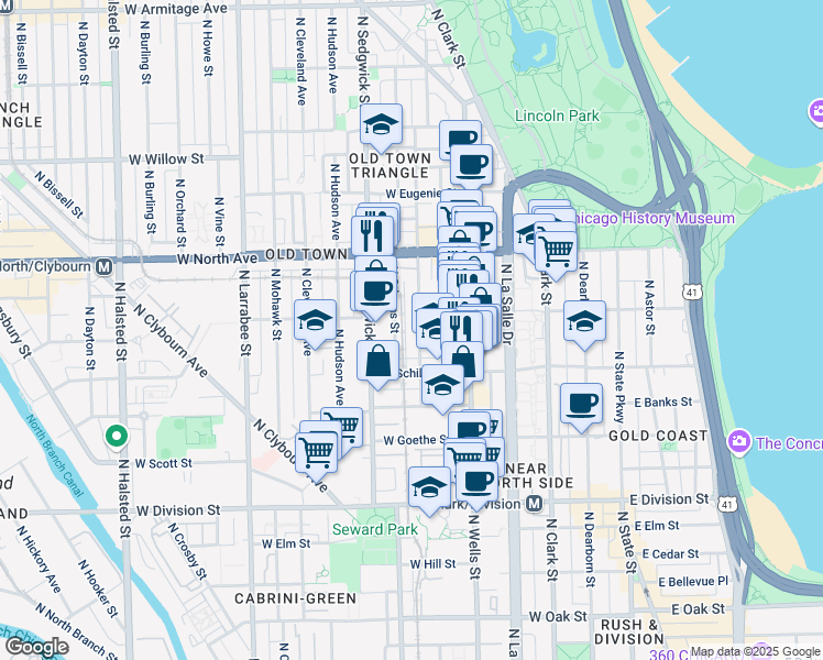 map of restaurants, bars, coffee shops, grocery stores, and more near 1423 North Orleans Street in Chicago