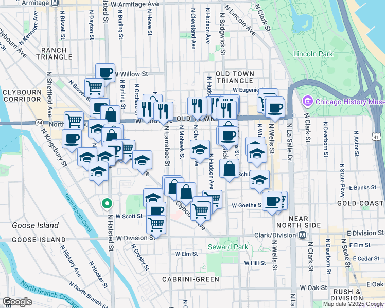 map of restaurants, bars, coffee shops, grocery stores, and more near 1429 North Mohawk Street in Chicago