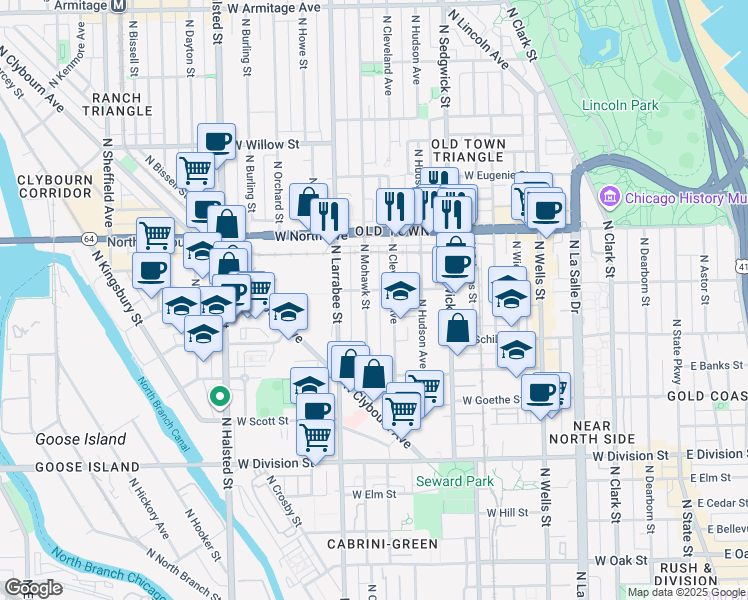 map of restaurants, bars, coffee shops, grocery stores, and more near 1429 North Mohawk Street in Chicago