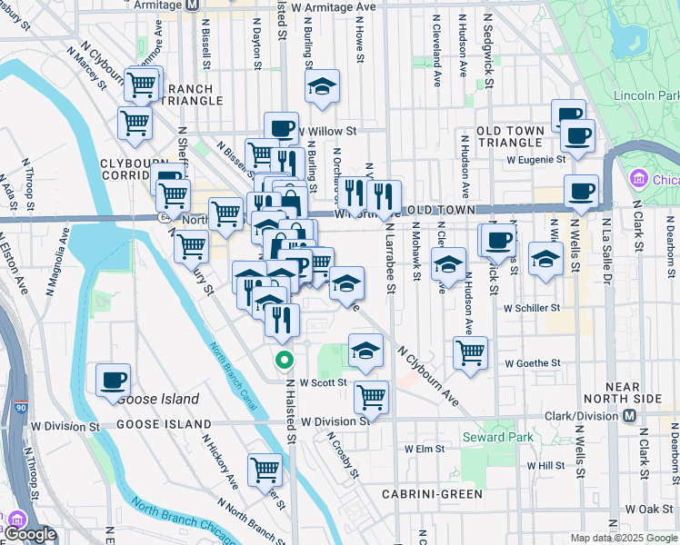 map of restaurants, bars, coffee shops, grocery stores, and more near 1500 North Clybourn Avenue in Chicago