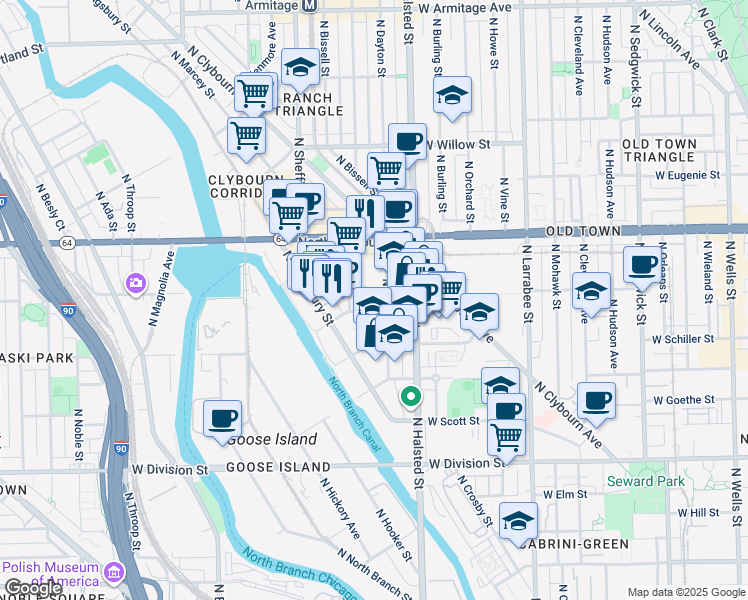 map of restaurants, bars, coffee shops, grocery stores, and more near 821 West Blackhawk Street in Chicago