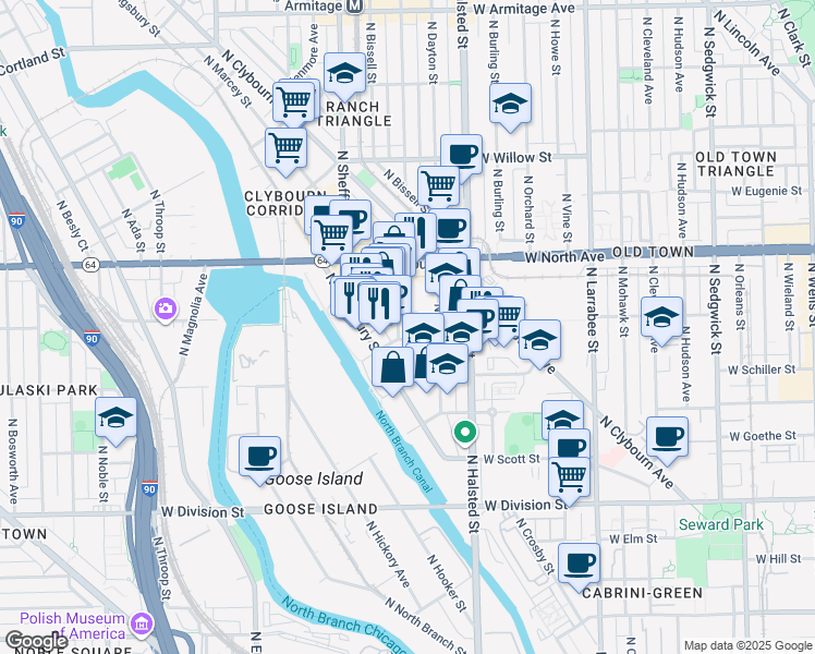 map of restaurants, bars, coffee shops, grocery stores, and more near 1476 North Fremont Street in Chicago