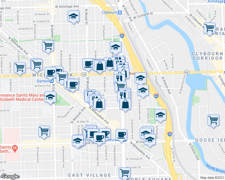 map of restaurants, bars, coffee shops, grocery stores, and more near 1632 West Julian Street in Chicago