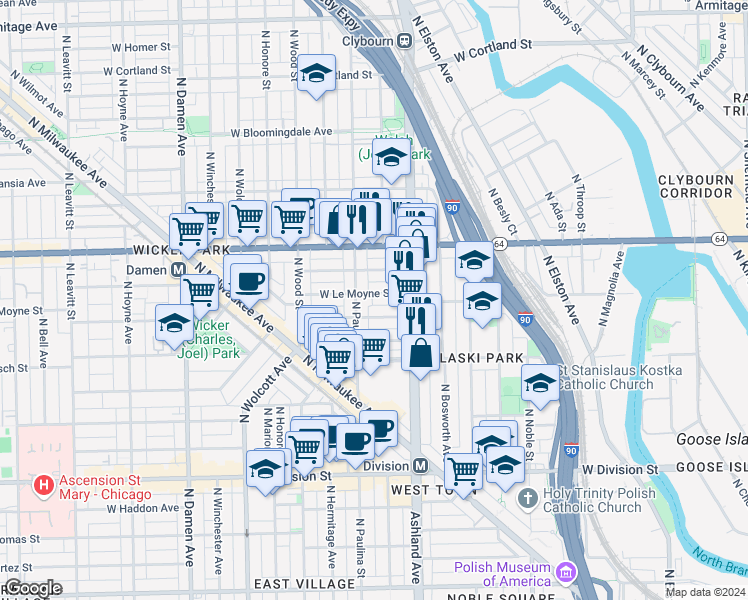 map of restaurants, bars, coffee shops, grocery stores, and more near 1632 West Julian Street in Chicago
