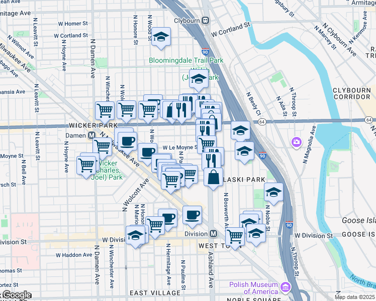 map of restaurants, bars, coffee shops, grocery stores, and more near 1632 West Julian Street in Chicago