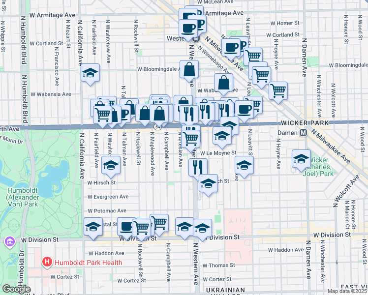 map of restaurants, bars, coffee shops, grocery stores, and more near 1500 North Artesian Avenue in Chicago