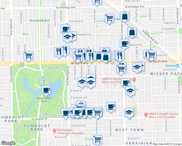 map of restaurants, bars, coffee shops, grocery stores, and more near 1501 North Talman Avenue in Chicago