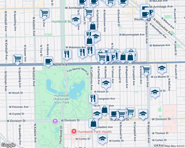 map of restaurants, bars, coffee shops, grocery stores, and more near in Chicago