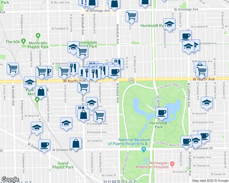 map of restaurants, bars, coffee shops, grocery stores, and more near 3226 West Le Moyne Street in Chicago