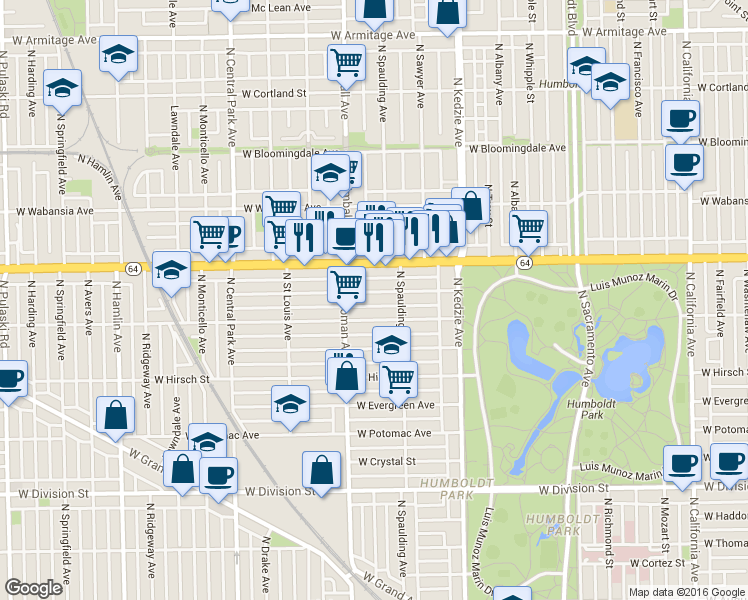 map of restaurants, bars, coffee shops, grocery stores, and more near 3340 West Le Moyne Street in Chicago