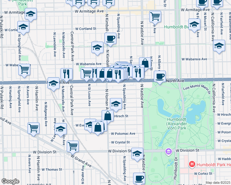 map of restaurants, bars, coffee shops, grocery stores, and more near 3340 West Le Moyne Street in Chicago