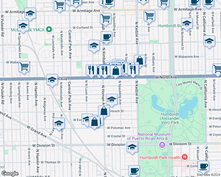 map of restaurants, bars, coffee shops, grocery stores, and more near 3340 West Le Moyne Street in Chicago