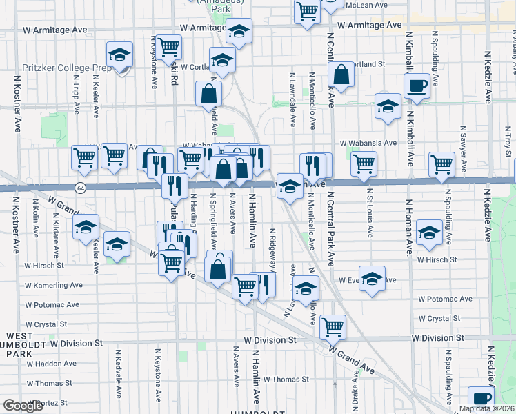 map of restaurants, bars, coffee shops, grocery stores, and more near 1509 North Hamlin Avenue in Chicago