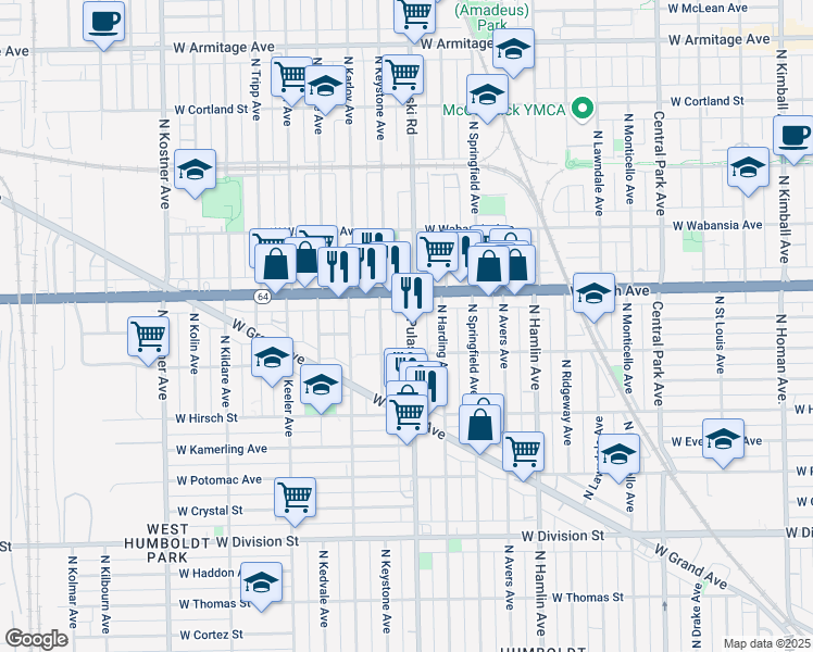 map of restaurants, bars, coffee shops, grocery stores, and more near 1513 North Pulaski Road in Chicago
