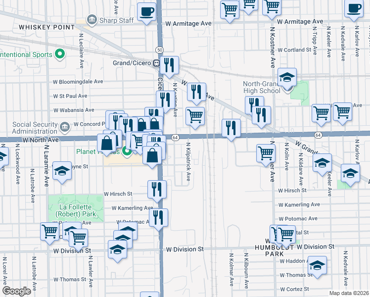 map of restaurants, bars, coffee shops, grocery stores, and more near 1518 North Kilpatrick Avenue in Chicago