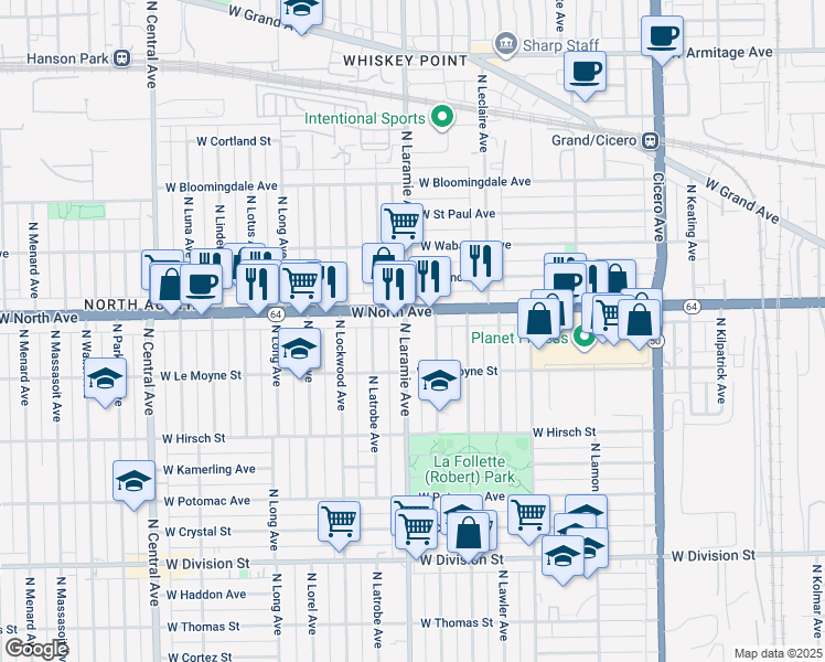 map of restaurants, bars, coffee shops, grocery stores, and more near 1528 North Laramie Avenue in Chicago