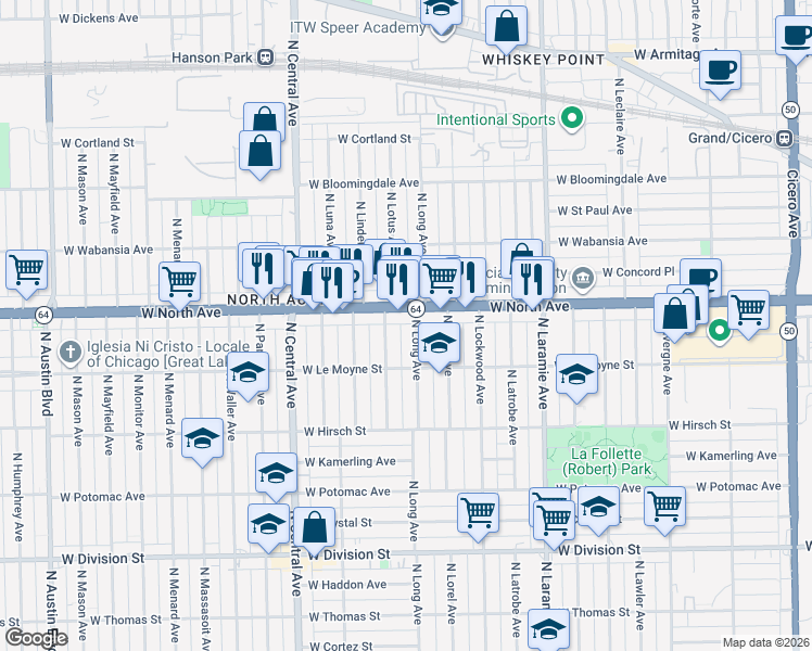 map of restaurants, bars, coffee shops, grocery stores, and more near 1529 North Lotus Avenue in Chicago
