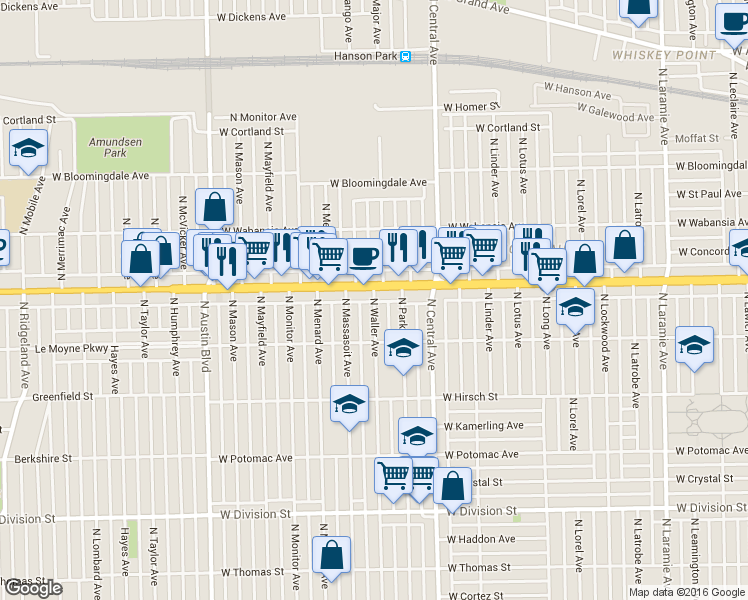 map of restaurants, bars, coffee shops, grocery stores, and more near 1533 North Waller Avenue in Chicago