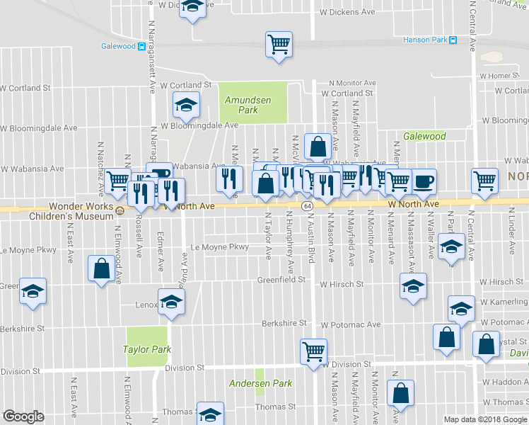 map of restaurants, bars, coffee shops, grocery stores, and more near 1227 North Taylor Avenue in Oak Park