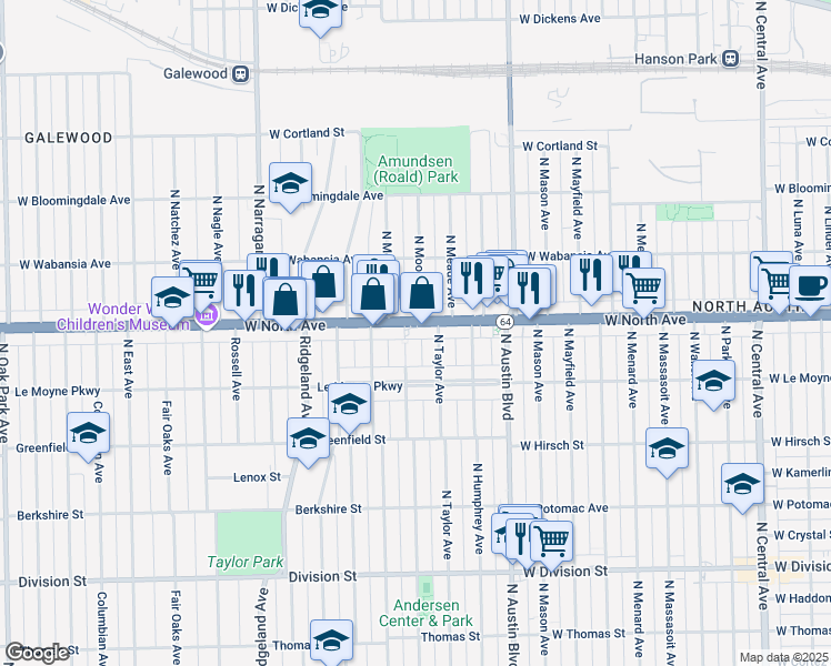 map of restaurants, bars, coffee shops, grocery stores, and more near 1227 North Taylor Avenue in Oak Park