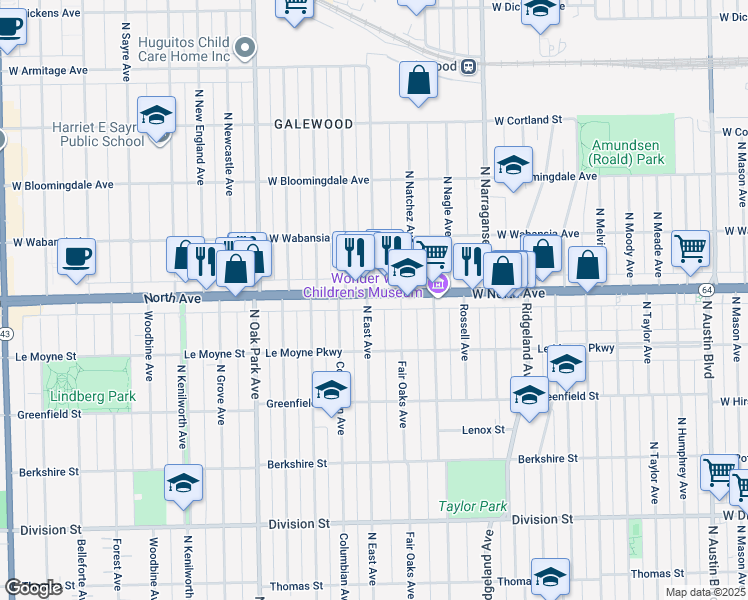 map of restaurants, bars, coffee shops, grocery stores, and more near 1235 North East Avenue in Oak Park