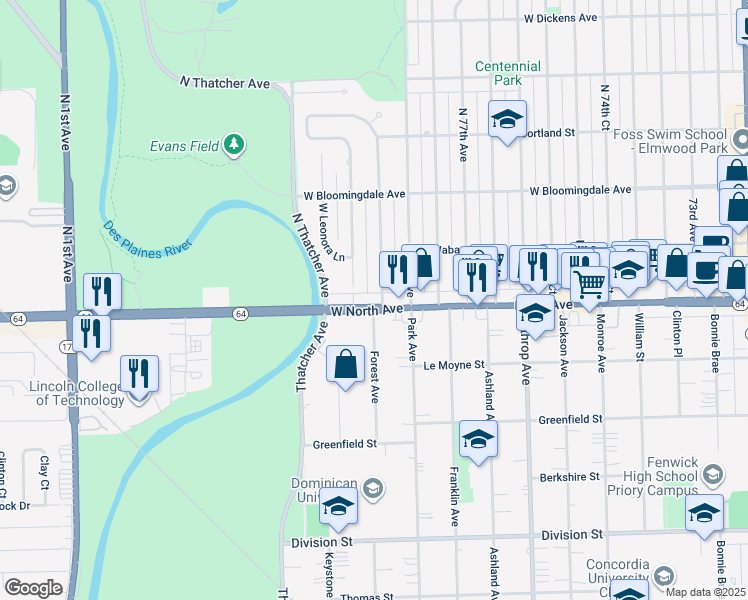 map of restaurants, bars, coffee shops, grocery stores, and more near in River Forest