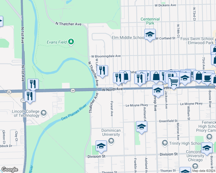 map of restaurants, bars, coffee shops, grocery stores, and more near in River Forest