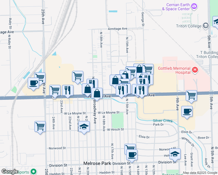 map of restaurants, bars, coffee shops, grocery stores, and more near 1906 North 17th Avenue in Melrose Park