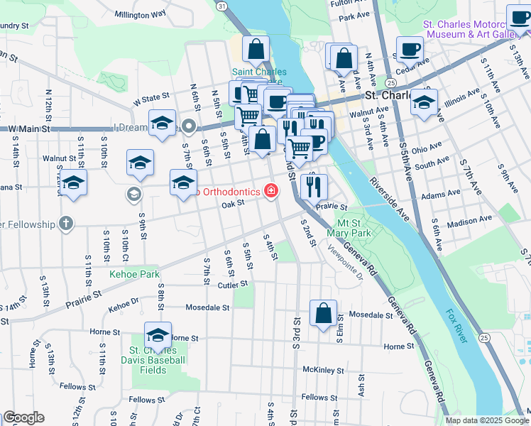 map of restaurants, bars, coffee shops, grocery stores, and more near 427 South 4th Street in St. Charles