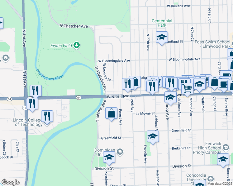 map of restaurants, bars, coffee shops, grocery stores, and more near in River Forest