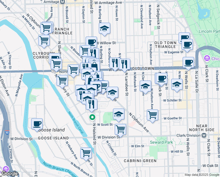map of restaurants, bars, coffee shops, grocery stores, and more near 1500 North Clybourn Avenue in Chicago