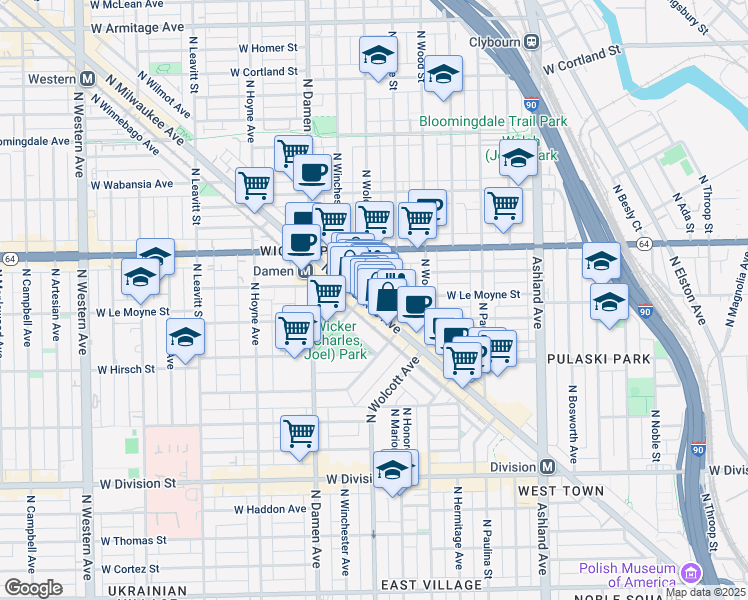 map of restaurants, bars, coffee shops, grocery stores, and more near 1501 North Milwaukee Avenue in Chicago
