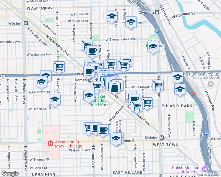 map of restaurants, bars, coffee shops, grocery stores, and more near 1501 North Milwaukee Avenue in Chicago