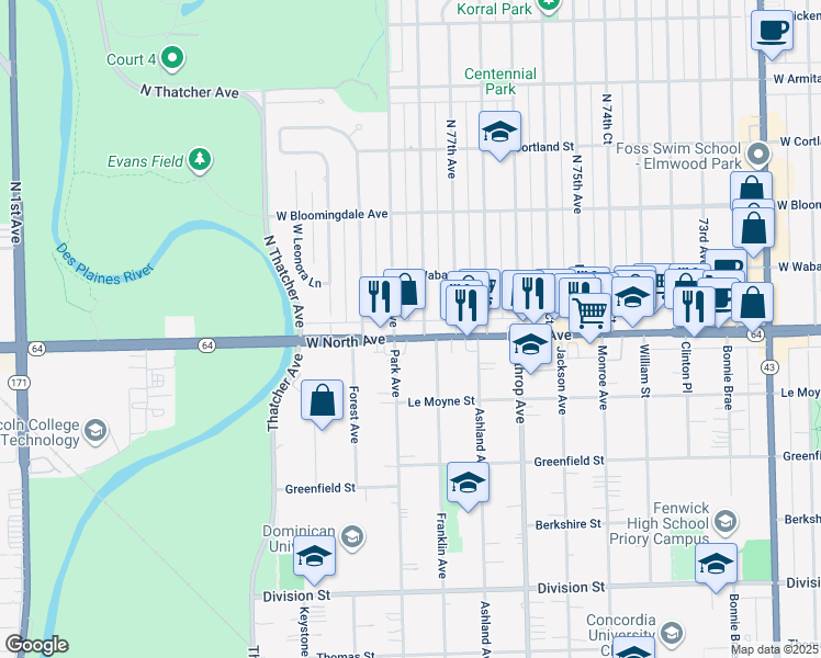 map of restaurants, bars, coffee shops, grocery stores, and more near 1538 West North Avenue in River Forest