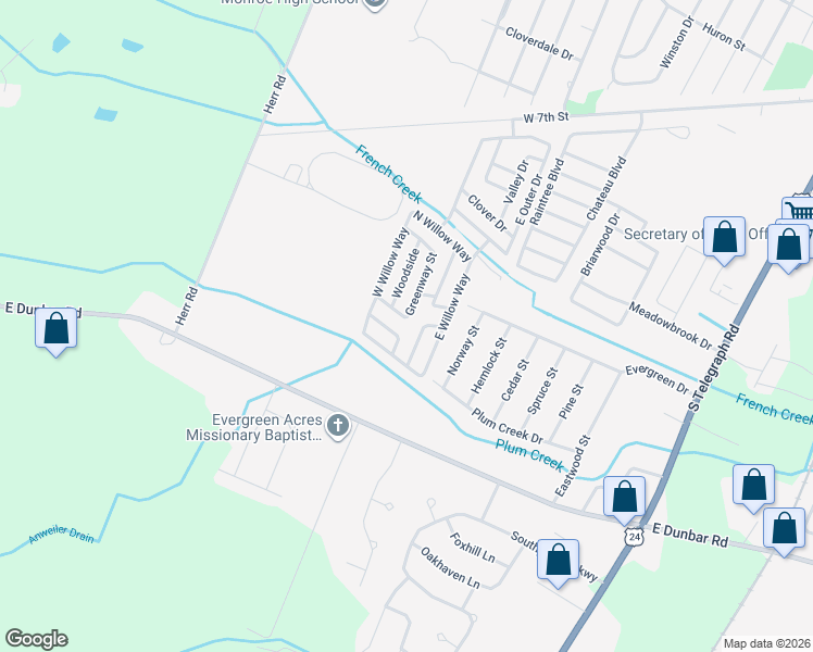 map of restaurants, bars, coffee shops, grocery stores, and more near 1500-1698 Heathway Street in Monroe