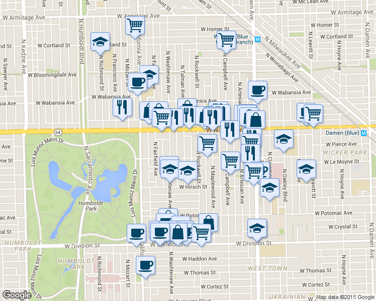 map of restaurants, bars, coffee shops, grocery stores, and more near 2614 West Le Moyne Street in Chicago