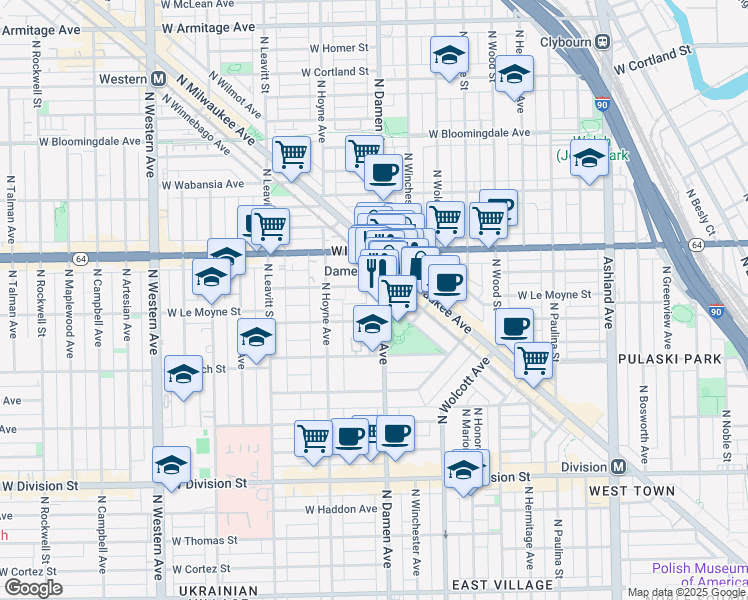 map of restaurants, bars, coffee shops, grocery stores, and more near 1508 North Damen Avenue in Chicago