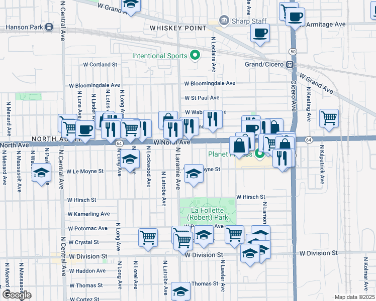 map of restaurants, bars, coffee shops, grocery stores, and more near 1525 North Leamington Avenue in Chicago