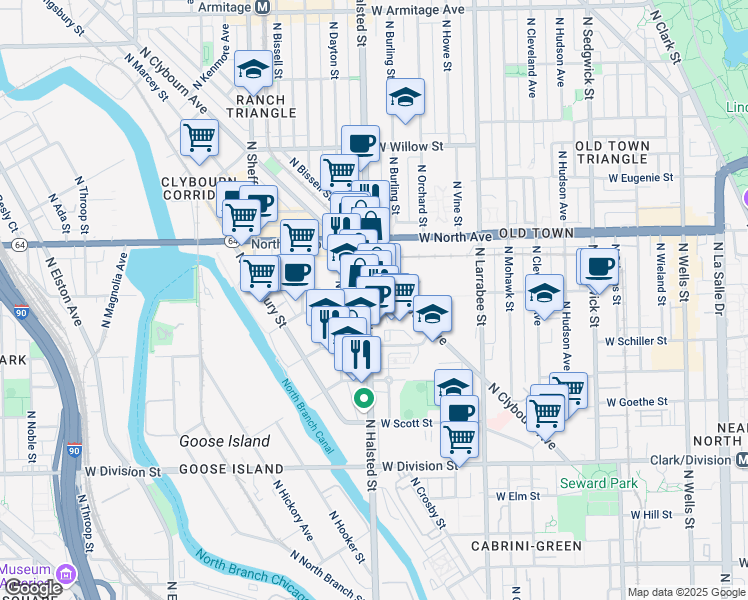map of restaurants, bars, coffee shops, grocery stores, and more near 1515 North Halsted Street in Chicago