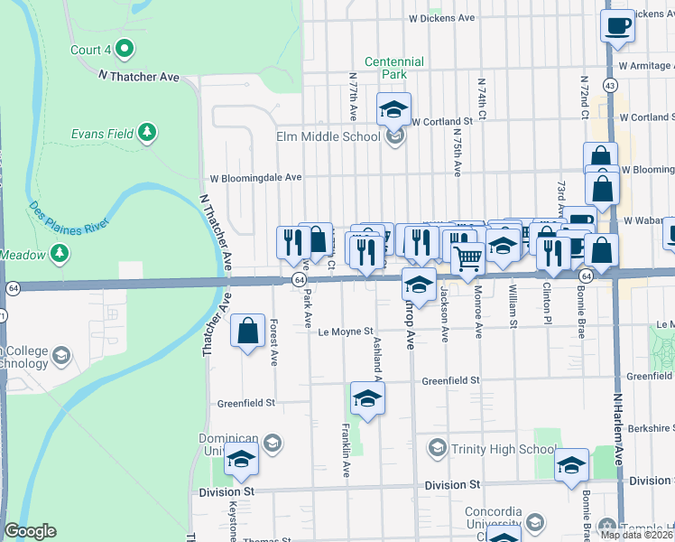 map of restaurants, bars, coffee shops, grocery stores, and more near 7753 West North Avenue in River Forest