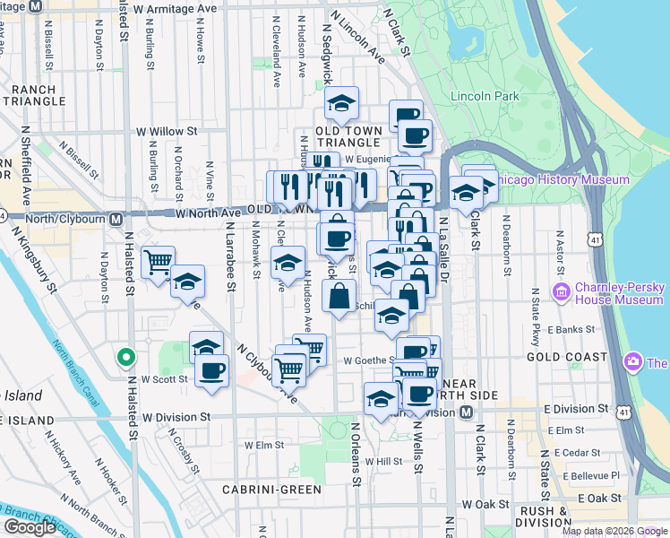 map of restaurants, bars, coffee shops, grocery stores, and more near 1450 North Sedgwick Street in Chicago