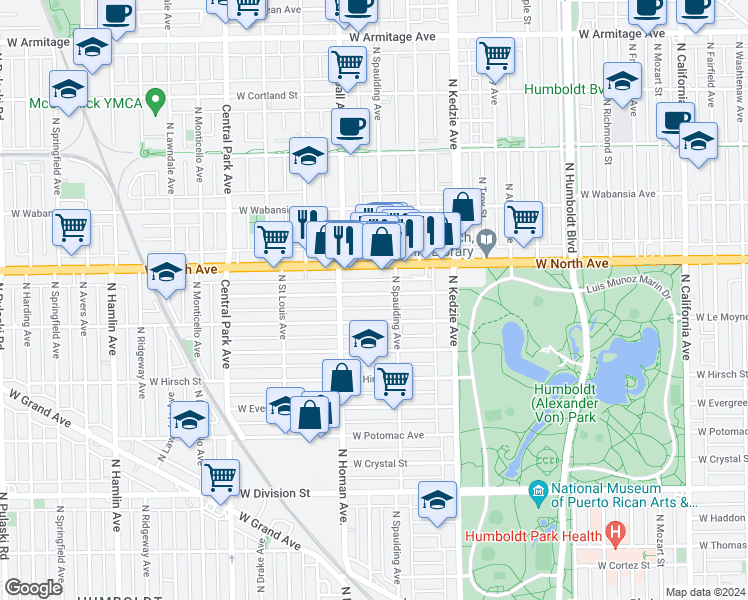 map of restaurants, bars, coffee shops, grocery stores, and more near 3321 West Pierce Avenue in Chicago