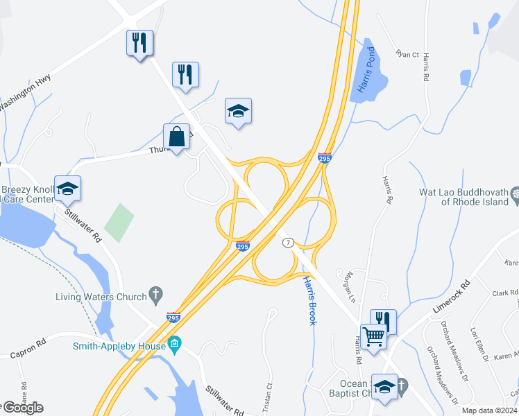 map of restaurants, bars, coffee shops, grocery stores, and more near Douglas Pike in Smithfield