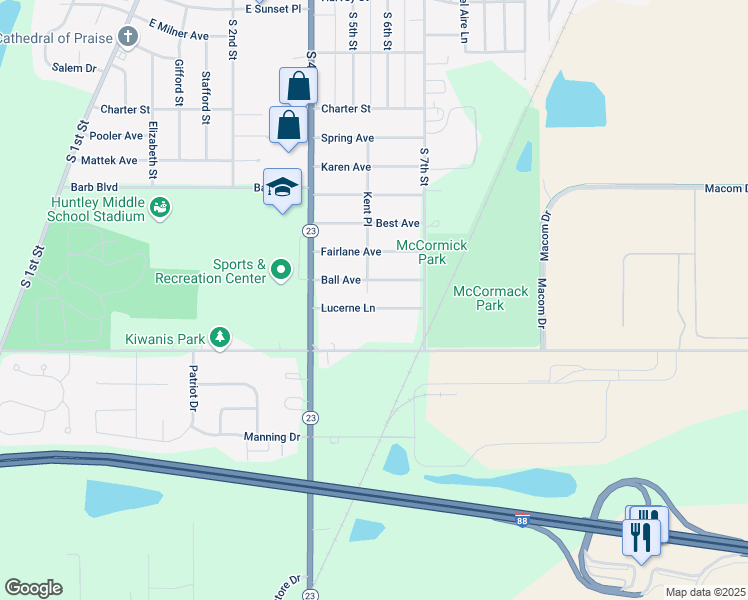map of restaurants, bars, coffee shops, grocery stores, and more near 536 Lucerne Lane in DeKalb